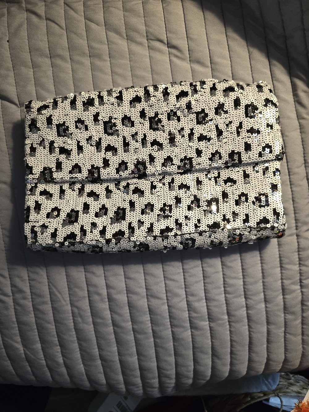 Sequin Leopard Foldover Clutch - Black & White